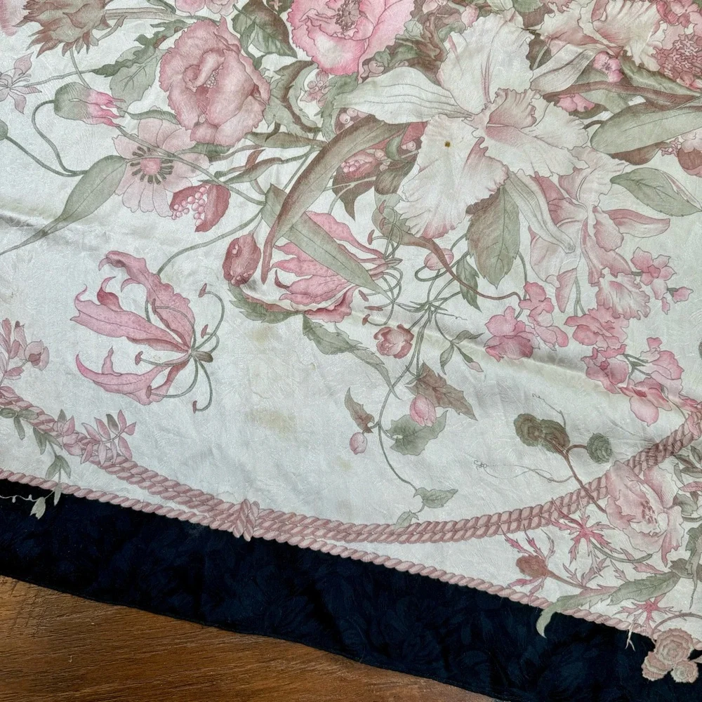 Hiroko for Dozo Cream / Pink Floral  Black Trim Silk Scarf